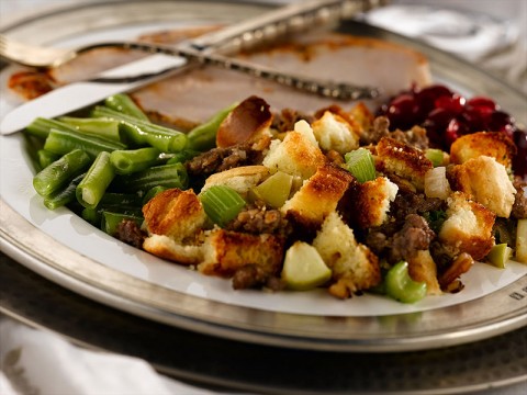 Sausage Cornbread Dressing with Apples and Pecans 