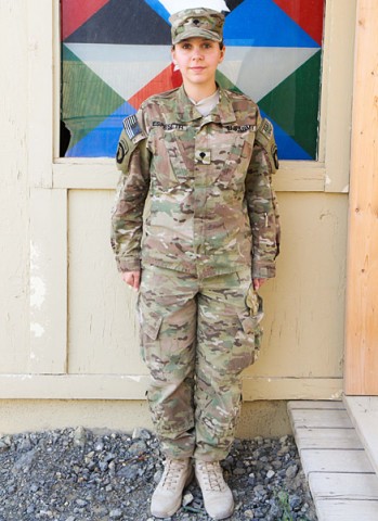 Spc. Erika Espeseth, a Madison, WI, native, is a chaplain’s assistant with the 3rd Special Troops Battalion, 3rd Brigade Combat Team “Rakkasans,” 101st Airborne Division (Air Assault), and serves her country by providing ministry support as a member of a religious support team at Forward Operating Base Salerno, Afghanistan. Espeseth carries her patriotism pridefully while combining it with her passion for God. (U.S. Army Photo by Sgt. 1st Class Abram Pinnington, TF 3/101 PAO)