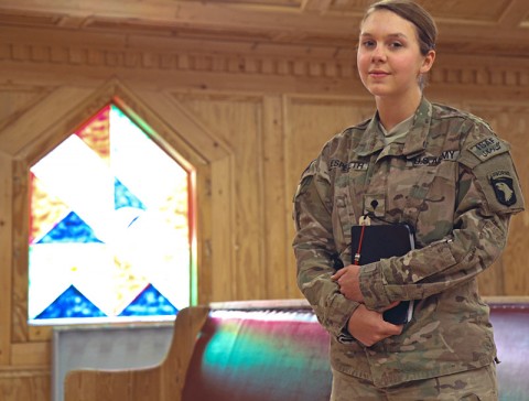 Spc. Erika Espeseth, a Madison, WI, native, is a chaplain’s assistant with the 3rd Special Troops Battalion, 3rd Brigade Combat Team “Rakkasans,” 101st Airborne Division (Air Assault), and serves her country by providing ministry support as a member of a religious support team at Forward Operating Base Salerno, Afghanistan. Espeseth carries her patriotism pridefully while combining it with her passion for God. (U.S. Army Photo by Sgt. 1st Class Abram Pinnington, TF 3/101 PAO)