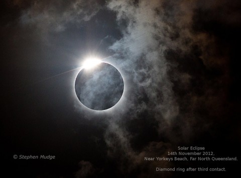 The total eclipse of November 14th, 2012, seen through clouds over Yorkeys Beach in Queensland, Australia. (Credit and copyright: Stephen Mudge)