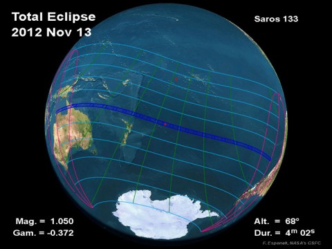 On November 13th/14th, 2012, the path of totality crosses the northeast coast of Australia. On November 13th/14th, 2012, the path of totality crosses the northeast coast of Australia.