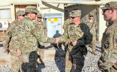 Command Sgt. Maj. Eric Crabtree, Command Sgt. Maj., 3rd Brigade Combat Team “Rakkasans,” 101st Airborne Division (Air Assault), visits Soldiers of Headquarters Company, 1st Battalion, 187th Infantry Regiment, at Forward Operating Base Gardez to ensure the morale and welfare of his Brigade’s Soldiers during the holiday season, Dec. 25, 2012. (U.S. Army photo by Sgt. 1st Class Abram Pinnington, TF 3/101 Public Affairs) 