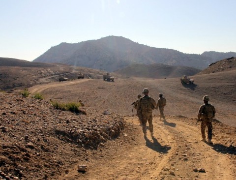 Soldiers from Second Platoon, Company A, 3rd Special Troops Battalion, 3rd Brigade Combat Team “Rakkasans,” 101st Airborne Division (Air Assault), move down the road to their vehicles after conducting a key leader engagement with Afghan Uniformed Police at a checkpoint near Forward Operating Base Salerno, Afghanistan, Dec. 10, 2012. They were meeting with a company commander of the AUP before distributing humanitarian aid at a village within the Khowst district. (U.S. Army photo by 1st Lt. John Zaehringer, 3rd STB Unit Public Affairs Representative)