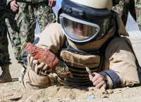 A soldier from the 203rd Corps, AfghanNational Army, successfully defuses an improvised explosive device during an ANA-led counter IED course at Camp Parsa, Afghanistan, Nov. 20, 2012. The six-week counter IED course is designed to equip ANA soldiers with the skills to help defeat Afghanistan’s largest threat to its people and security forces. (U.S. Army photo by Sgt. 1st Class Abram Pinnington, TF 3/101 Public Affairs)