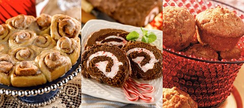 Holiday Cinnamon Rolls, Peppermint and Chocolate Cake Roll, and Bake Shop Cranberry Banana Muffins.