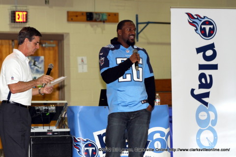 Jerry Blessing the Tennessee Titans Community Relations Coordinator and Safety Jordan Babineaux talking to the kids at Northeast Middle School Jerry Blessing the Tennessee Titans Community Relations Coordinator and Safety Jordan Babineaux talking to the kids at Northeast Middle School