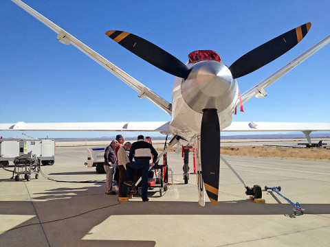 NASA coordinated successful test flights on the Ikhana unmanned aerial vehicle of equipment that might be used to improve communications between aircraft in flight and on the ground in the Next Generation Air Transportation System. (Image credit: NASA/Sam Kim)