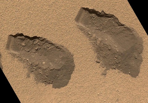 This is a view of the third (left) and fourth (right) trenches made by the 1.6-inch-wide (4-centimeter-wide) scoop on NASA's Mars rover Curiosity in October 2012. (Image credit: NASA/JPL-Caltech/MSSS)