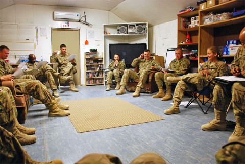 A group comprised of chaplains, chaplain’s assistants, a brigade psychologist and a master resiliency trainer, all from the 3rd Brigade Combat Team “Rakkasans,” 101st Airborne Division (Air Assault), partake in a refresher course on ways to cope with stress while deployed during a two-day resiliency course at Forward Operating Base Salerno, Afghanistan, Dec. 5, 2012. Seven religious support teams, made up of chaplains and their assistants from across Paktya and Khowst provinces came together for the course. (U.S. Army courtesy photo)