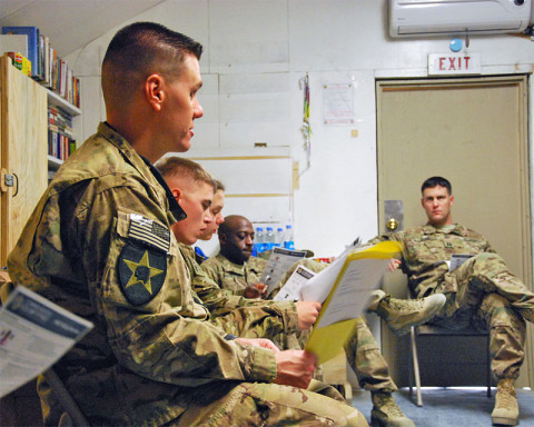 Chief Warrant Officer 2 Brian Boase, the brigade master resiliency trainer for 3rd Brigade Combat Team “Rakkasans,” 101st Airborne Division (Air Assault), leads a refresher course on ways to cope with stress while deployed during a two-day resiliency course at Forward Operating Base Salerno, Afghanistan, Dec. 5, 2012. Seven religious support teams, made up of chaplains and their assistants from across Paktya and Khowst provinces came together for the course. (U.S. Army courtesy photo)