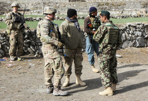 1st Lt. Trenton Wiggins, a platoon Leader for 2nd Platoon, Troop C, 1st Squadron, 33rd Cavalry Regiment, 3rd Brigade Combat Team "Rakkasans,” 101st Airborne Division (Air Assault), discusses with Afghan National Army Soldiers the possible ways of conducting a mission in Nadir Shah Kot District, Afghanistan, Jan. 12, 2013. The mission was aimed at gathering information from village elders and to disrupt possible insurgent activity in the area. (Spc. Brian Smith-Dutton/U.S. Army)