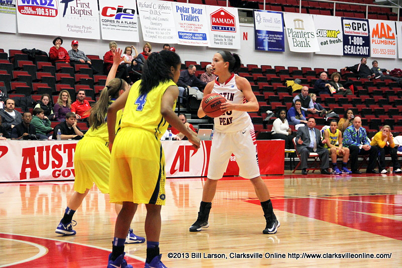 Austin Peay's Meghan Bussabarger scores 22 points and eight-rebounds Monday night. APSU Women's Basketball.