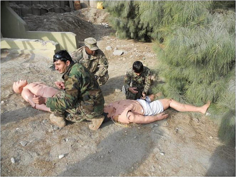 Soldiers from the Afghan Air Force practiced combat lifesaver skills on medical dummies Jan. 8th, 2013, at Jalalabad Airfield, Afghanistan. The AAF personnel were trained in CLS by medics from Company C, 426th Brigade Support Battalion, 1st Brigade Combat Team, 101st Airborne Division. (Courtesy photo by U.S. Army 1st Lt. Lisa Maginot)