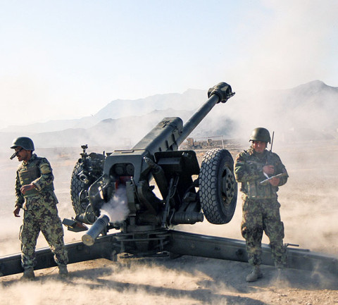 A Soldier assigned to 3rd Battalion 320th Field Artillery Regiment, 3rd Brigade Combat Team "Rakkasans", 101st Airborne Division,(Air Assault), oversees a live-fire exercise conducted by the Afghan National Army's 203rd Corps, 1st Infantry Brigade, 4th Kandak, D-30 Heavy Coy at Camp Parsa, Afghanistan, Jan. 9, 2013. (U.S. Army photo by Spc. Brian Smith-Dutton, Task Force 3/101 Public Affairs)