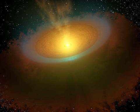 This artist's concept illustrates the planet-forming disk around TW Hydrae, located about 175 light-years away in the Hydra, or Sea Serpent, constellation. In 2011, astronomers used the Herschel space observatory to detect copious amounts of cool water vapor, illustrated in blue, emanating from the star's planet-forming disk of dust and gas. (Image credit: NASA/JPL-Caltech)