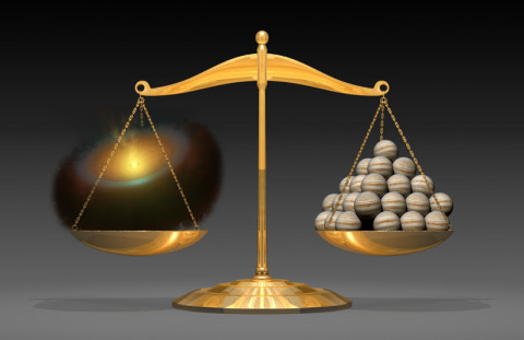 This artist's illustration shows a planetary disk (left) that weighs the equivalent of 50 Jupiter-mass planets. It demonstrates a first-of-its-kind feat from astronomers using the Herschel space observatory. (Image credit: NASA/JPL-Caltech)