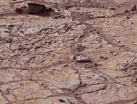 This view shows the patch of veined, flat-lying rock selected as the first drilling site for NASA's Mars rover Curiosity. (Image credit: NASA/JPL-Caltech/MSSS)