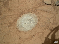 This image from the Mars Hand Lens Imager (MAHLI) on NASA’s Mars rover Curiosity shows the patch of rock cleaned by the first use of the rover’s Dust Removal Tool (DRT). (Image Credit: NASA/JPL-Caltech/MSSS)