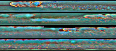 This set of images from NASA's Cassini mission shows the evolution of a massive thunder-and-lightning storm that circled all the way around Saturn and fizzled when it ran into its own tail. The storm was first detected on Dec. 5th, 2010. That month, it developed a head of bright clouds quickly moving west and spawned a much slower-drifting clockwise-spinning vortex. (Image credit: NASA/JPL-Caltech/SSI/Hampton University)