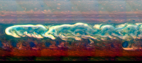 This mosaic of images from NASA's Cassini spacecraft shows the trail of a great northern storm on Saturn raging in full force. The contrast in the images has been enhanced to make the turbulent parts of the storm (in white) stand out without losing the details of the surrounding regions. (Image credit: NASA/JPL-Caltech/SSI/Hampton University)