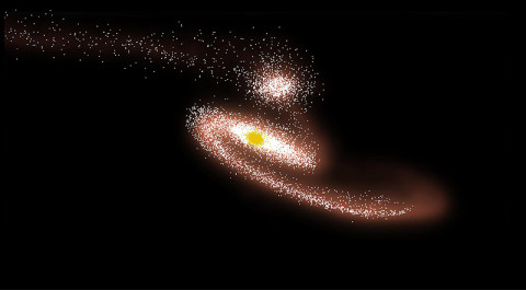 Computer simulations of the collision between NGC 6872 and IC 4970 reproduce the basic features of the galaxies as we see them today. Image credit: (NASA's Goddard Space Flight Center, after C. Horellou (Onsala Space Observatory) and B. Koribalski (ATNF))