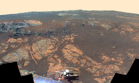 As NASA's Mars Exploration Rover Opportunity neared the ninth anniversary of its landing on Mars, the rover was working in the 'Matijevic Hill' area seen in this view from Opportunity's panoramic camera (Pancam). (Image Credit: NASA/JPL-Caltech/Cornell/Arizona State Univ.)