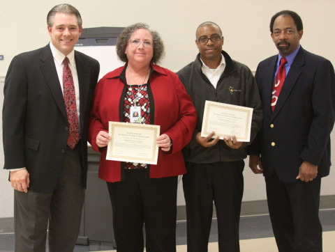 Project Search team members (center) Souette Quinn and Maurice Howard with PDI director Jay Albertia (far left) and School Board member Jimmie Garland.