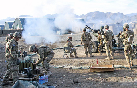 U.S. Army Spc. Taylor Barnes and his howitzer team assigned to Battery B, 3rd Battalion, 320th Field Artillery Regiment, 3rd Brigade Combat Team “Rakkasans,” 101st Airborne Division (Air Assault), fire their howitzer in support of a forward observer certification training mission on Camp Clark, Afghanistan, Jan. 14th, 2013. Barnes joined the Army because of family history and feeling the need to do his part for his country. (U.S. Army photo by Spc. Brian Smith-Dutton, TF 3/101 Public Affairs)