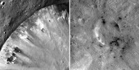 These mosaic images from NASA's Dawn mission show how dark, carbon-rich materials tend to speckle the rims of smaller craters or their immediate surroundings on the giant asteroid Vesta. (Image credit: NASA/JPL-Caltech/UCLA/MPS/DLR/IDA)