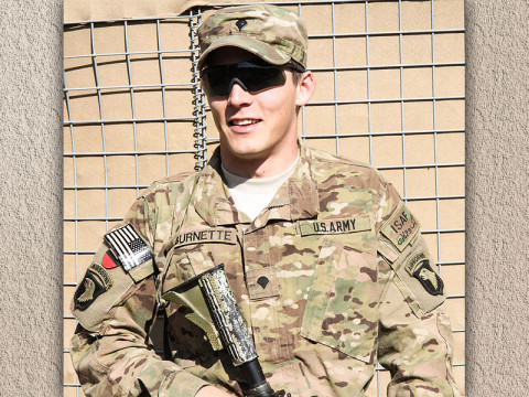 U.S. Army Spc. Michael T. Burnette, a native of San Antonio, Texas, and infantry team leader assigned to 2nd Platoon, Company A, 3rd Battalion, 187th Infantry Regiment, 3rd Brigade Combat Team “Rakkasans,” 101st Airborne Division (Air Assault), selflessly serves his country while deployed in support of Operation Enduring Freedom. Burnette joined the Army in hopes to better himself and future for his wife and now, two month old daughter. (U.S. Army photo by Spc. Brian Smith-Dutton, TF 3/101 Public Affairs)