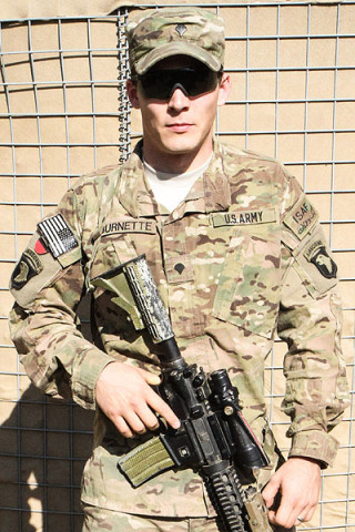 U.S. Army Spc. Michael T. Burnette, a native of San Antonio, Texas, and infantry team leader assigned to 2nd Platoon, Company A, 3rd Battalion, 187th Infantry Regiment, 3rd Brigade Combat Team “Rakkasans,” 101st Airborne Division (Air Assault), selflessly serves his country while deployed in support of Operation Enduring Freedom. Burnette joined the Army in hopes to better himself and future for his wife and now, two month old daughter. (U.S. Army photo by Spc. Brian Smith-Dutton, TF 3/101 Public Affairs)