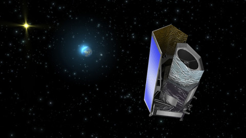 This artist's concept shows the Euclid spacecraft. The telescope will launch to an orbit around the sun-Earth Lagrange point L2. The Lagrange point is a location where the gravitational pull of two large masses, the sun and Earth in this case, precisely equals the force required for a small object, such as the Euclid spacecraft, to maintain a relatively stationary position behind Earth as seen from the sun. (Image credit: ESA/C. Carreau)