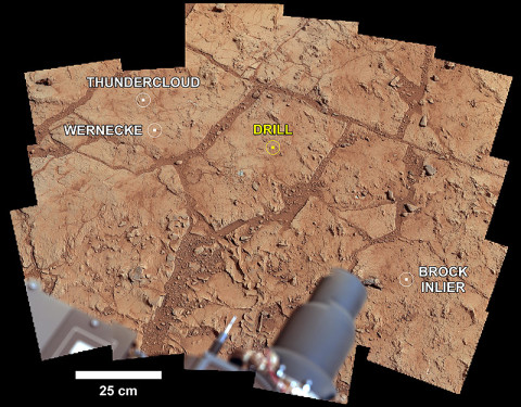 NASA's Mars rover Curiosity used its Mast Camera (Mastcam) to take the images combined into this mosaic of the drill area, called "John Klein." The label "Drill" indicates where the rover ultimately performed its first sample drilling. (Image credit: NASA/JPL-Caltech/MSSS)