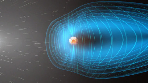 A constant stream of particles and electromagnetic waves streams from the sun toward Earth, which is surrounded by a protective bubble called the magnetosphere. A scientist at NASA Goddard has recently devised, for the first time, a set of equations that can help describe waves in the solar wind known as Alfven waves. (Credit: European Space Agency (ESA) )