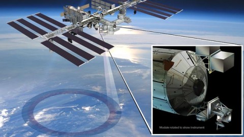 Artist's rendering of NASA's ISS-RapidScat instrument (inset), which will launch to the International Space Station in 2014 to measure ocean surface wind speed and direction and help improve weather forecasts, including hurricane monitoring. It will be installed on the end of the station's Columbus laboratory. (Image credit: NASA/JPL-Caltech/JSC)