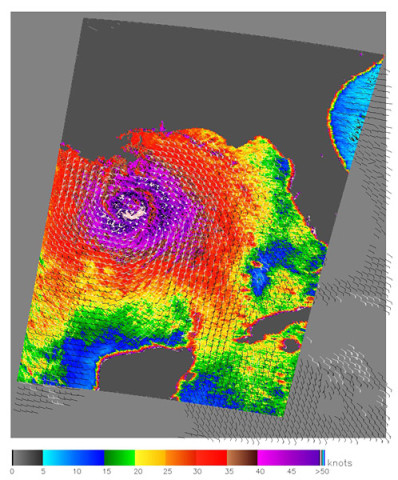 ISS-RapidScat data will help improve weather forecasts, including hurricane monitoring, producing imagery similar to this NASA QuikScat satellite image of Hurricane Katrina, acquired Aug. 28, 2005. The image depicts relative wind speeds swirling around the calm center of the storm. The highest wind speeds are shown in shades of purple. The barbs reveal wind direction, and the white barbs show heavy rainfall. (Image credit: NASA/JPL-Caltech)