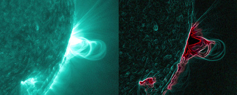 The image on the left shows a series of magnetic loops on the sun, as captured by NASA's Solar Dynamics Observatory on July 18th, 2012. The image on the right has been processed to highlight the edges of each loop and make the structure more clear. A series of loops such as this is known as a flux rope, and these lie at the heart of eruptions on the sun known as coronal mass ejections (CMEs.) This is the first time scientists were able to discern the timing of a flux rope's formation. (Credit: NASA/SDO/Goddard Space Flight Center) The image on the left shows a series of magnetic loops on the sun, as captured by NASA's Solar Dynamics Observatory on July 18th, 2012. The image on the right has been processed to highlight the edges of each loop and make the structure more clear. A series of loops such as this is known as a flux rope, and these lie at the heart of eruptions on the sun known as coronal mass ejections (CMEs.) This is the first time scientists were able to discern the timing of a flux rope's formation. (Credit: NASA/SDO/Goddard Space Flight Center)