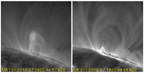 By looking at the very hottest material in the sun's atmosphere (on the left) scientists could observe the tell tale signs of the twisted magnetic fields of a flux rope – which lay at the heart of coronal mass ejections (CMEs). The flux rope doesn't show up in a nearly simultaneous image of cooler material (on the right). These images were captured by NASA's Solar Dynamics Observatory on July 19, 2012. (Credit: NASA/SDO) By looking at the very hottest material in the sun's atmosphere (on the left) scientists could observe the tell tale signs of the twisted magnetic fields of a flux rope – which lay at the heart of coronal mass ejections (CMEs). The flux rope doesn't show up in a nearly simultaneous image of cooler material (on the right). These images were captured by NASA's Solar Dynamics Observatory on July 19, 2012. (Credit: NASA/SDO)