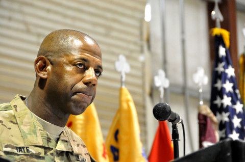 Command Sgt. Maj. Carel L. Tate Jr., 2nd Battalion, 320th Field Artillery Regiment, 1st Brigade Combat Team, 101st Airborne Division, addresses recently promoted noncommissioned officers about the importance of understanding and utilizing their new found authority. Tate, the guest speaker for the Task Force Taskmaster NCO Induction ceremony, gave the newly promoted NCOs the keys to success in the NCO Corps at Jalalabad Airfield, Afghanistan, Feb. 6, 2013 (Sgt. 1st Class John D. Brown/U.S. Army)