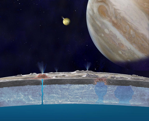 Based on new evidence from Jupiter's moon Europa, astronomers hypothesize that chloride salts bubble up from the icy moon's global liquid ocean and reach the frozen surface where they are bombarded with sulfur from volcanoes on Jupiter's innermost large moon Io. (Image credit: NASA/JPL-Caltech)