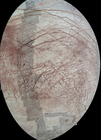 This view of Jupiter's moon Europa features several regional-resolution mosaics overlaid on a lower resolution global view for context. The regional views were obtained during several different flybys of the moon by NASA's Galileo mission, and they stretch from high northern to high southern latitudes of Europa's surface. (Image credit: NASA/JPL-Caltech/University of Arizona)