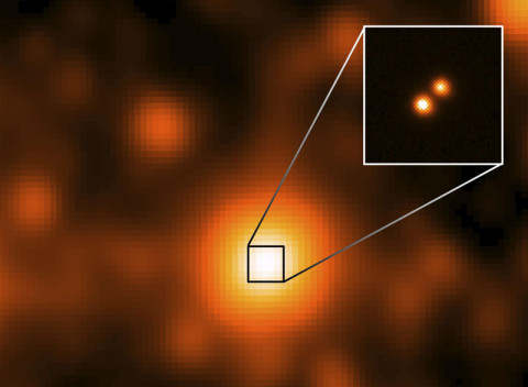 WISE J104915.57-531906 is at the center of the larger image, which was taken by the NASA's Wide-field Infrared Survey Explorer (WISE). This is the closest star system discovered since 1916, and the third closest to our sun. It is 6.5 light-years away. WISE J104915.57-531906 is at the center of the larger image, which was taken by the NASA's Wide-field Infrared Survey Explorer (WISE). This is the closest star system discovered since 1916, and the third closest to our sun. It is 6.5 light-years away.