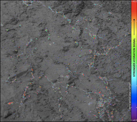 On this image of the rock target "Knorr," color coding maps the amount of mineral hydration indicated by a ratio of near-infrared reflectance intensities measured by the Mast Camera (Mastcam) on NASA's Mars rover Curiosity. (Image credit: NASA/JPL-Caltech/MSSS/ASU)