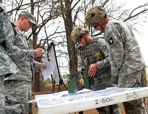 U.S. Army Fire Support specialists from the 4th Brigade Combat Team, 101st Airborne Division, get taught how to use an 1523E radio on Feb. 12th, 2013 during a Fire Support certification class at Fort Campbell, KY. (U.S. Army photo by Spc. Justin A. Moeller, 4th Brigade Combat Team Public Affairs)