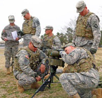 U.S. Army Fire Support specialists from the 4th Brigade Combat Team, 101st Airborne Division, familiarize themselves with a Light-weight Laser Designator Range Finder on Feb. 12th, 2013 during a Fire Support certification class at Fort Campbell, KY. LDRs are use to obtain the distance and direction to a target by giving a ten digit grid coordinate. (U.S. Army photo by Spc. Justin A. Moeller, 4th Brigade Combat Team Public Affairs)