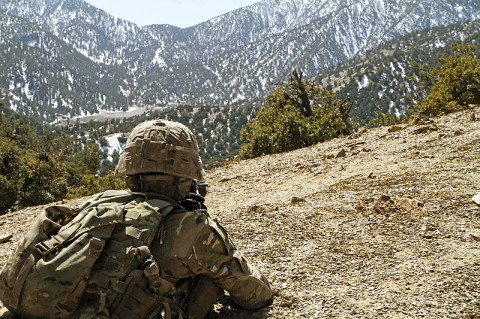 Soldiers assigned to Blue Platoon, Troop B, 1st Squadron, 33rd Cavalry Regiment, 3rd Brigade Combat Team “Rakkasans,” 101st Airborne Division (Air Assault), conduct a dismounted patrol through the mountainous terrain in the Musa Khel District, Afghanistan, March 6, 2013. Soldiers conducted a 12-mile dismounted patrol in order to reach a village in the valley in hopes to disrupt suspected insurgent activity. (U.S. Army Photo by Spc. Brian Smith-Dutton TF 3/101 Public Affairs)