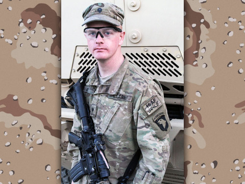 U.S. Army Spc. Robert Fay Jr., an infantryman assigned to Company D, 3rd Battalion, 187th Infantry Regiment, 3rd Brigade Combat Team "Rakkasans," 101st Airborne Division (Air Assault), poses for a picture in front of a tactical vehicle at Camp Clark, Afghanistan, Feb. 20, 2013.(Army by Spc. Brian Smith-Dutton, TF 3/101 Public Affairs)