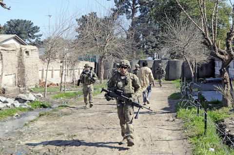 U.S. Army Soldiers with 1st Platoon, Company B, 1st Battalion, 327th Infantry Regiment, 1st Brigade Combat Team, 101st Airborne Division, conduct a dismounted patrol March 1st, 2013, outside Forward Operating Base Finley-Shields, Afghanistan. (U.S. Army photo by Sgt. Jon Heinrich, Task Force 1-101 PAO)