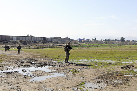 U.S. Army Soldiers with 1st Platoon, Company B, 1st Battalion, 327th Infantry Regiment, 1st Brigade Combat Team, 101st Airborne Division, conduct a dismounted patrol March 1st, 2013, outside Forward Operating Base Finley-Shields, Afghanistan. (U.S. Army photo by Sgt. Jon Heinrich, Task Force 1-101 PAO)