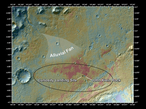 This false-color map shows the area within Gale Crater where NASA's Curiosity rover landed on Aug. 5th, 2012 PDT and the location where Curiosity collected its first drilled sample at the "John Klein" rock. This image was obtained by the Thermal Emission Imaging System on NASA's Odyssey orbiter. (Image credit: NASA/JPL-Caltech/ASU)